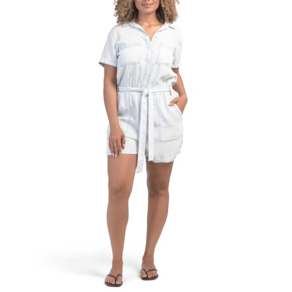 BELLA DAHL Desert Sky Denim Wash Rolled Hem Utility Romper
